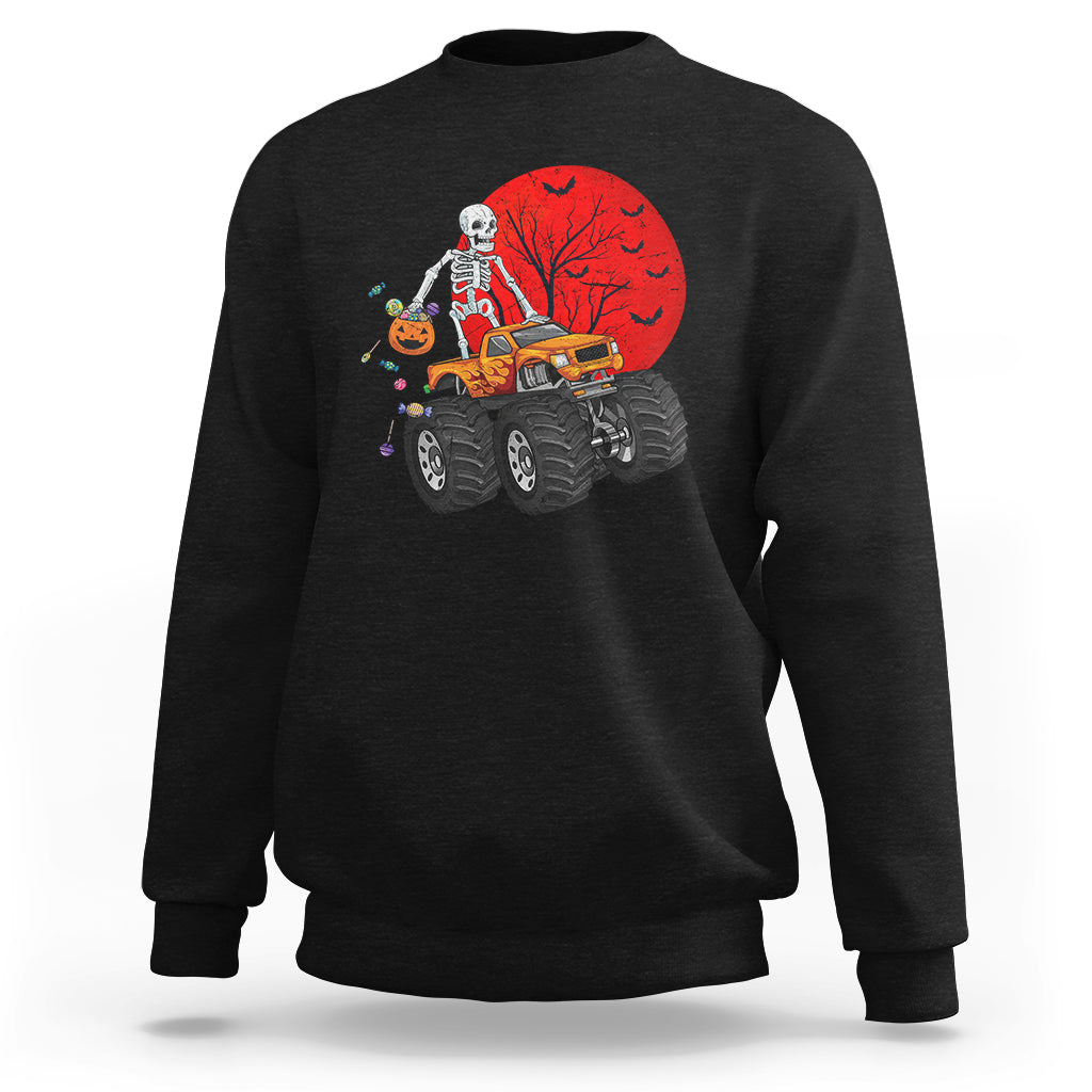 Halloween Skeleton Sweatshirt Skeleton Riding Monster Truck Candy Funny Scary Pumpkin - Wonder Print Shop