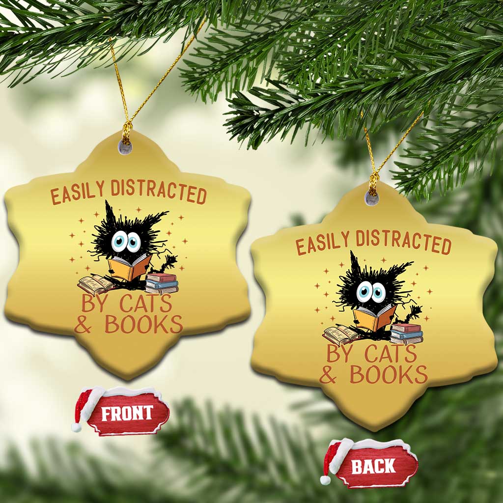 Cat and Book Lover Christmas Ornament Easily Distracted By Cats And Books Funny Black Cat Meme - Wonder Print Shop