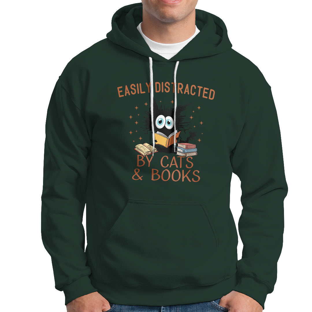 Cat & Book Lover Hoodie Easily Distracted By Cats And Books Funny Black Cat Meme - Wonder Print Shop