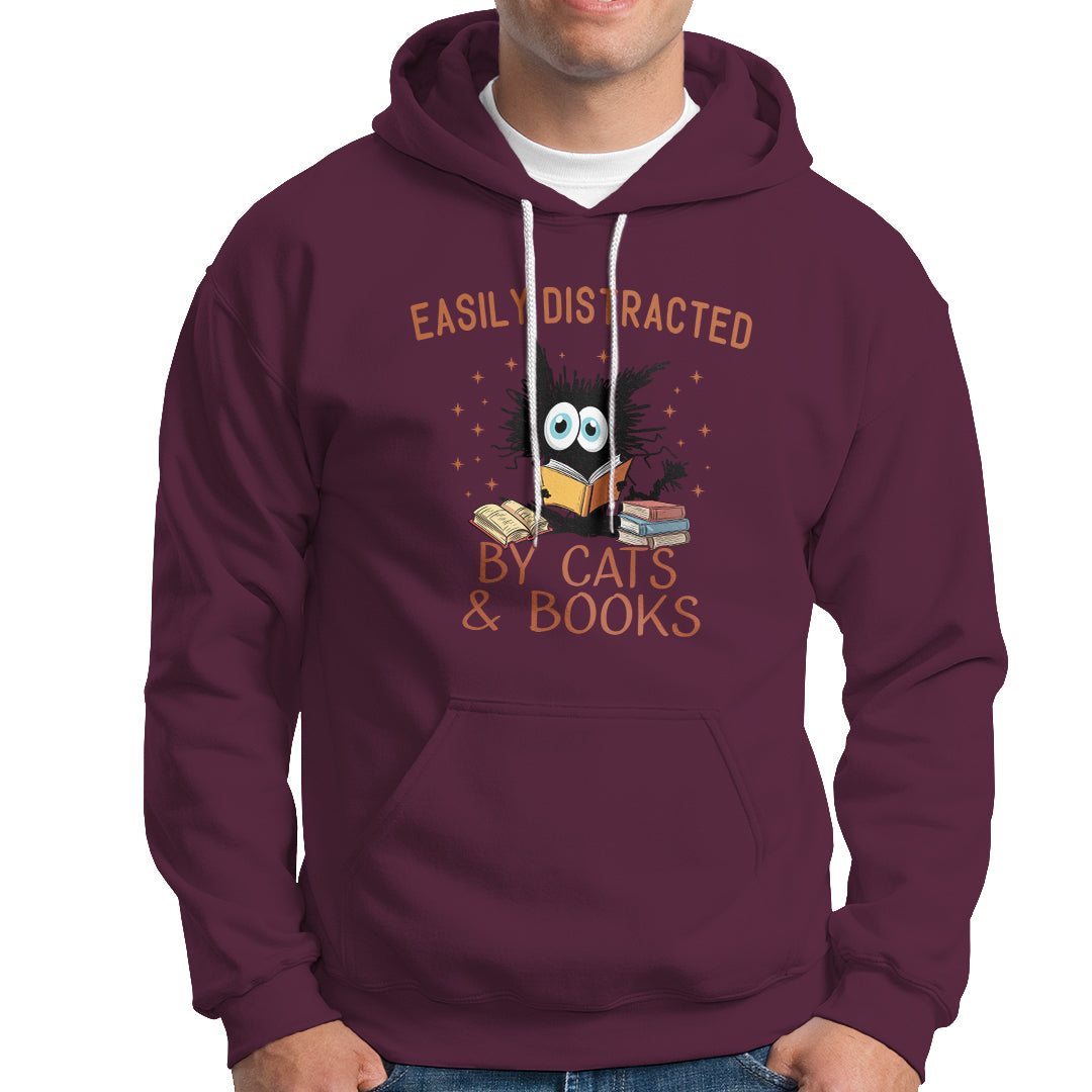 Cat & Book Lover Hoodie Easily Distracted By Cats And Books Funny Black Cat Meme - Wonder Print Shop
