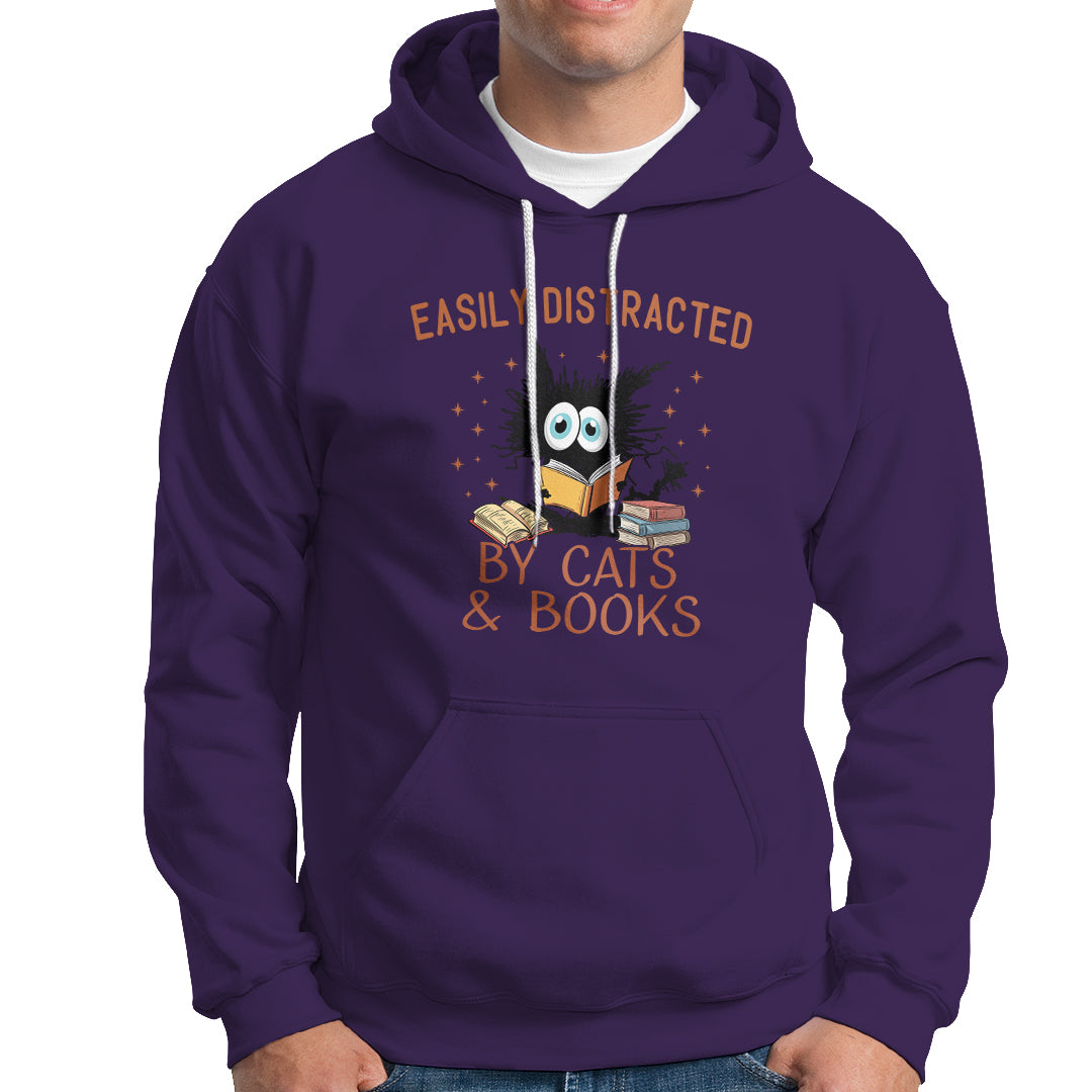 Cat & Book Lover Hoodie Easily Distracted By Cats And Books Funny Black Cat Meme - Wonder Print Shop
