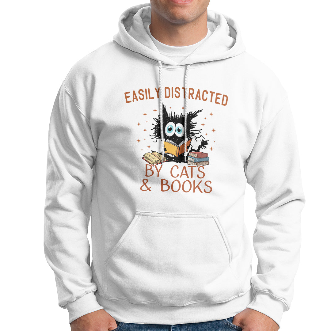 Cat & Book Lover Hoodie Easily Distracted By Cats And Books Funny Black Cat Meme - Wonder Print Shop
