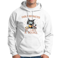 Cat & Book Lover Hoodie Easily Distracted By Cats And Books Funny Black Cat Meme - Wonder Print Shop