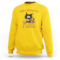 Cat & Book Lover Sweatshirt Easily Distracted By Cats And Books Funny Black Cat Meme - Wonder Print Shop