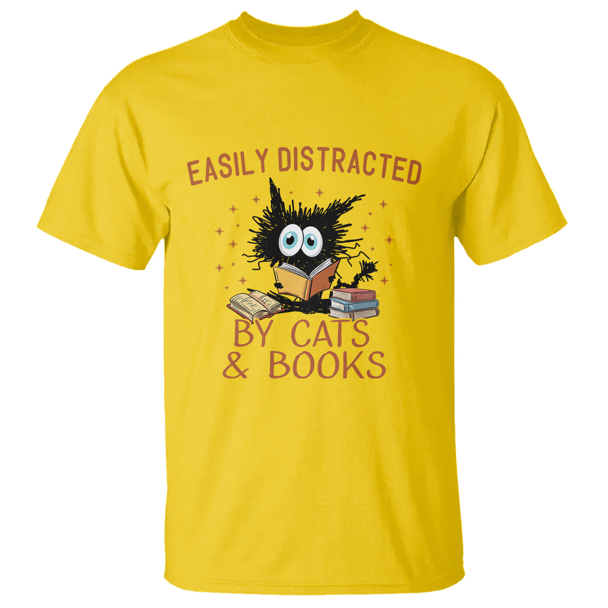 Cat & Book Lover T Shirt Easily Distracted By Cats And Books Funny Black Cat Meme - Wonder Print Shop