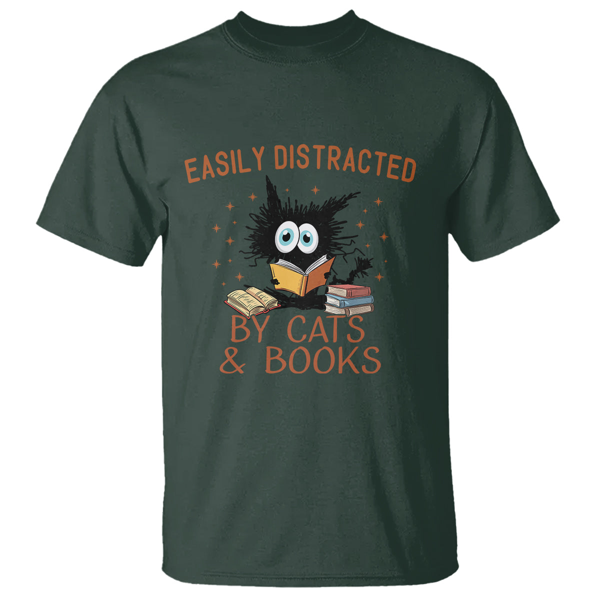 Cat & Book Lover T Shirt Easily Distracted By Cats And Books Funny Black Cat Meme - Wonder Print Shop