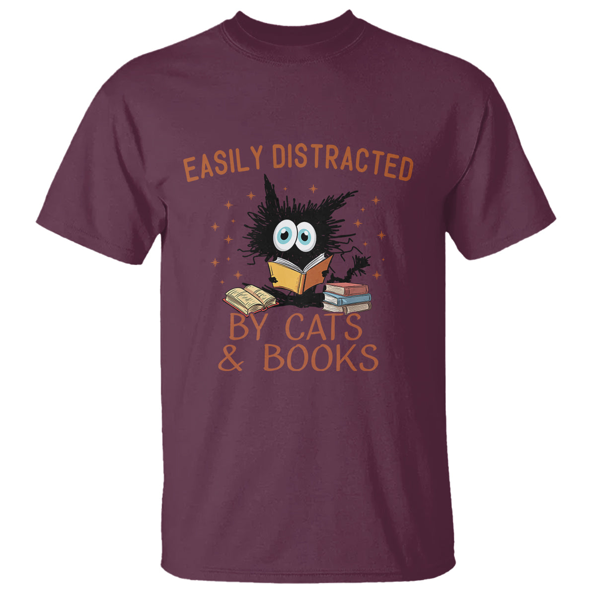 Cat & Book Lover T Shirt Easily Distracted By Cats And Books Funny Black Cat Meme - Wonder Print Shop