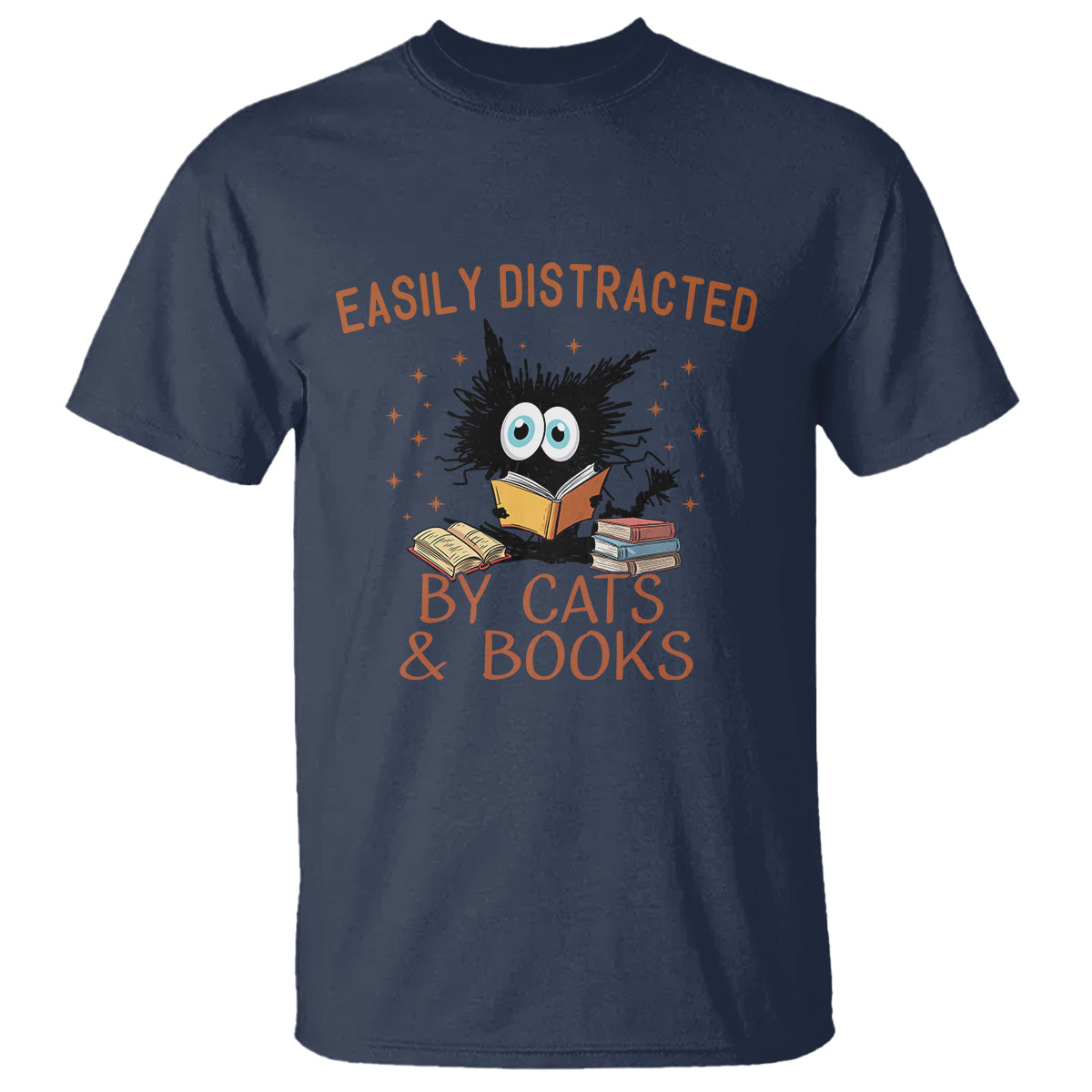 Cat & Book Lover T Shirt Easily Distracted By Cats And Books Funny Black Cat Meme - Wonder Print Shop