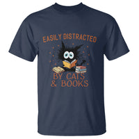 Cat & Book Lover T Shirt Easily Distracted By Cats And Books Funny Black Cat Meme - Wonder Print Shop