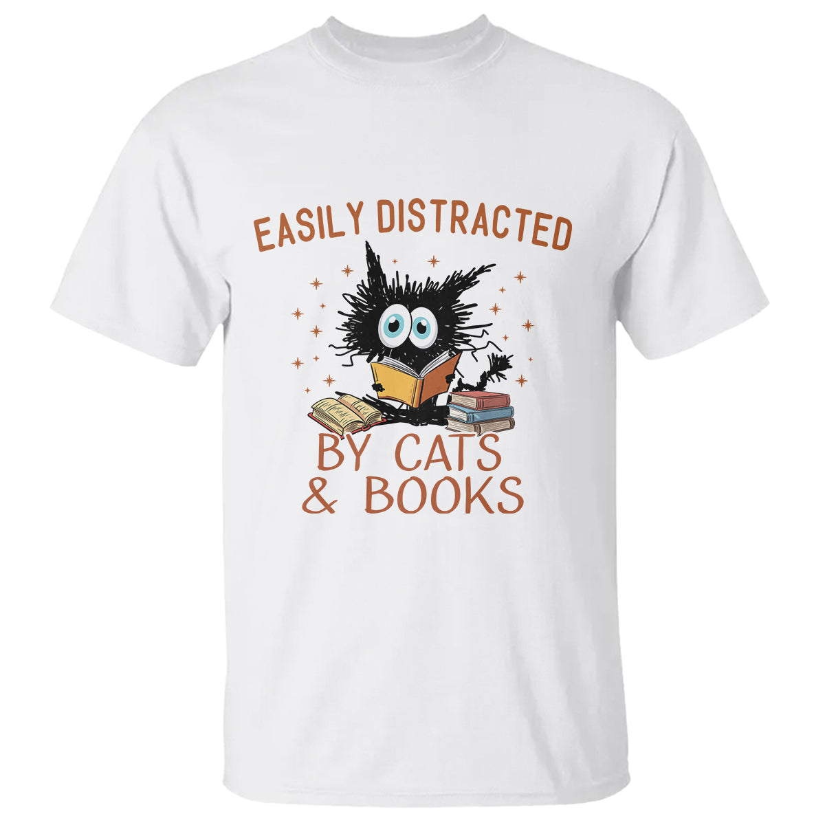 Cat & Book Lover T Shirt Easily Distracted By Cats And Books Funny Black Cat Meme - Wonder Print Shop