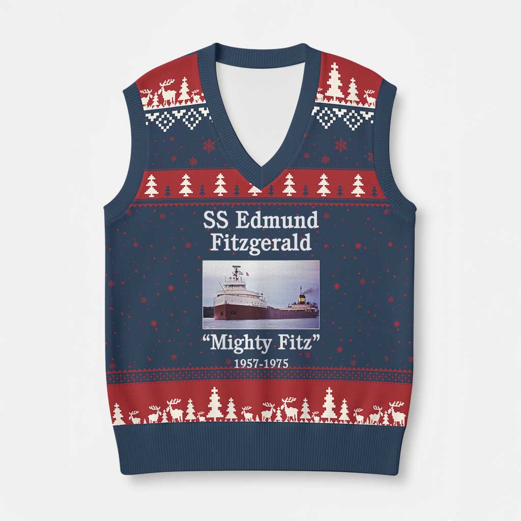 SS Edmund Fitzgerald Mighty Fitz Tribute V-Neck Knit Sweater Vest Great Lakes Shipwreck Memorial - Wonder Print Shop