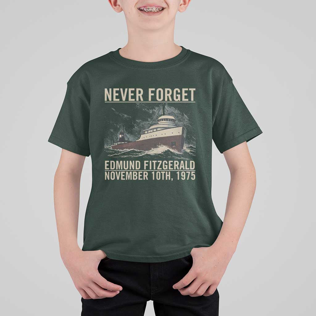 Never Forget Edmund Fitzgerald Tribute T Shirt For Kid November 10 1975 Shipwreck Memorial - Wonder Print Shop