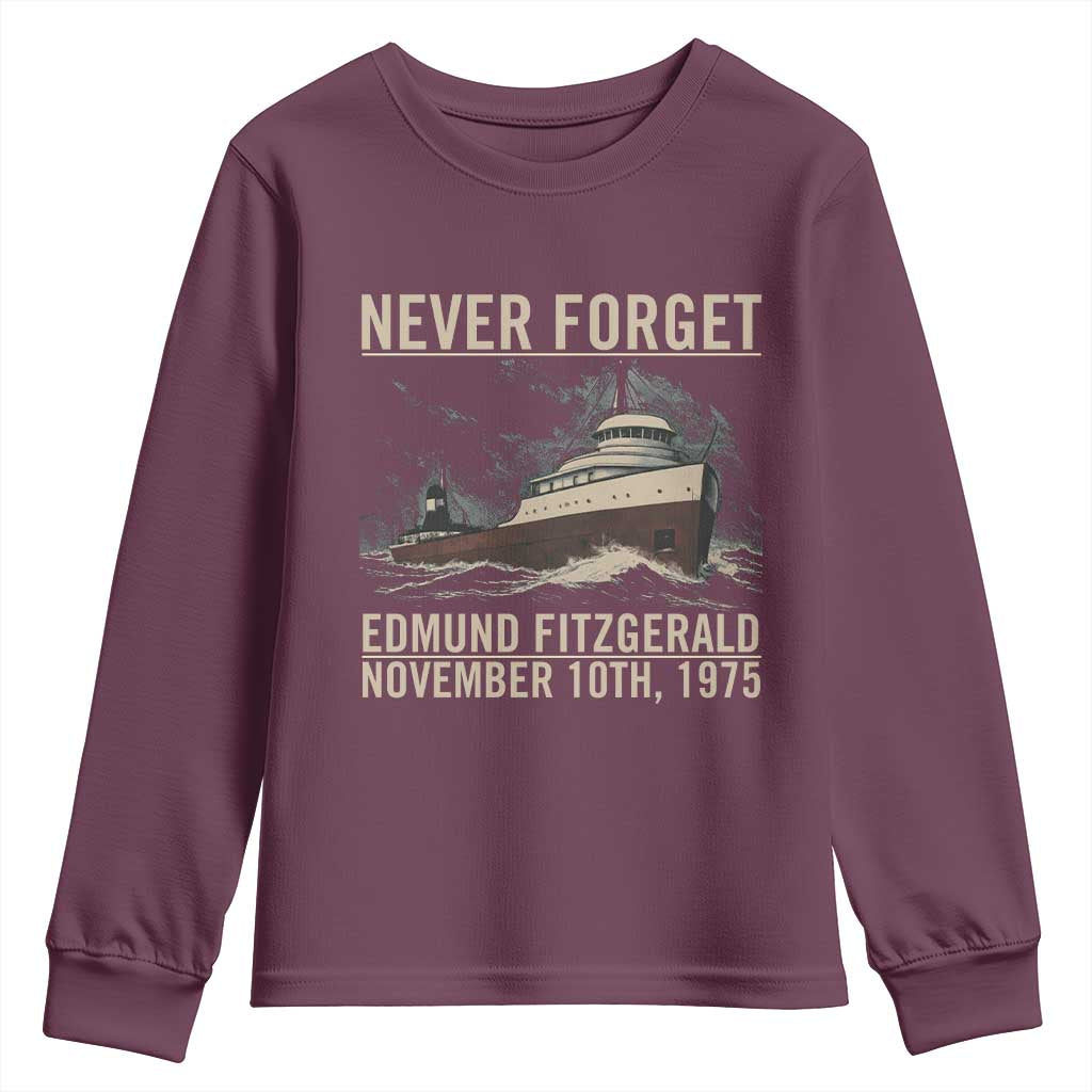 Never Forget Edmund Fitzgerald Tribute Youth Sweatshirt November 10 1975 Shipwreck Memorial - Wonder Print Shop