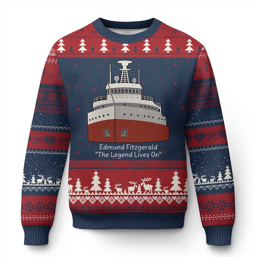 Edmund Fitzgerald Tribute Ugly Christmas Sweater The Legend Lives On Great Lakes Freighter Memorial - Wonder Print Shop