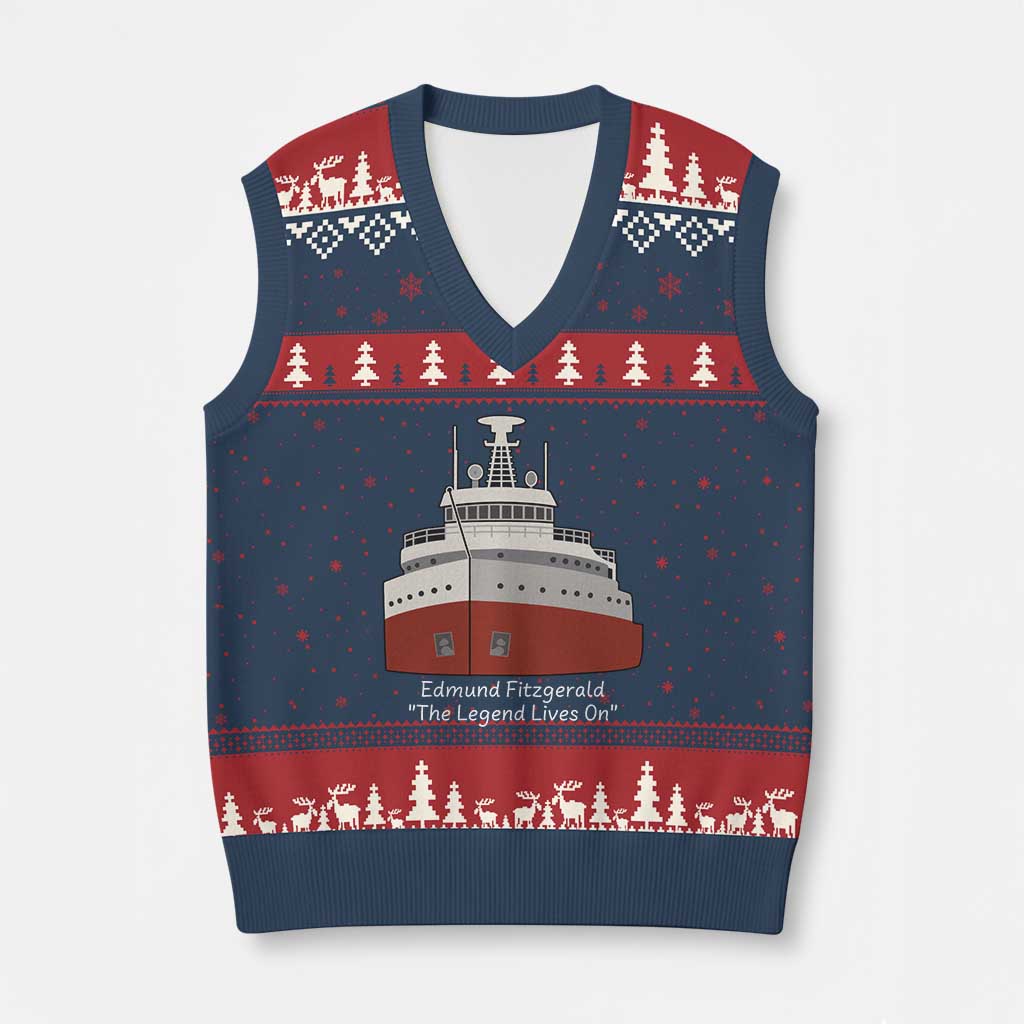 Edmund Fitzgerald Tribute V-Neck Knit Sweater Vest The Legend Lives On Great Lakes Freighter Memorial - Wonder Print Shop