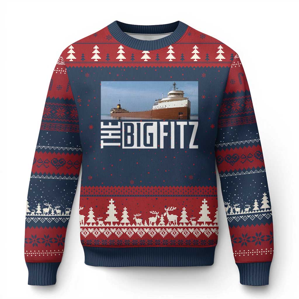 The Big Fitz Tribute Ugly Christmas Sweater SS Edmund Fitzgerald Freighter Design for Great Lakes History - Wonder Print Shop