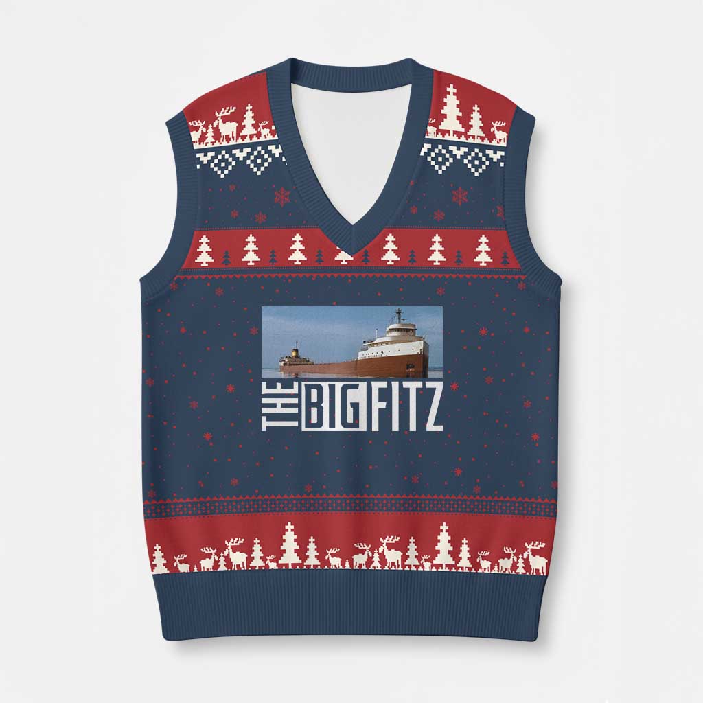 The Big Fitz Tribute V-Neck Knit Sweater Vest SS Edmund Fitzgerald Freighter Design for Great Lakes History - Wonder Print Shop