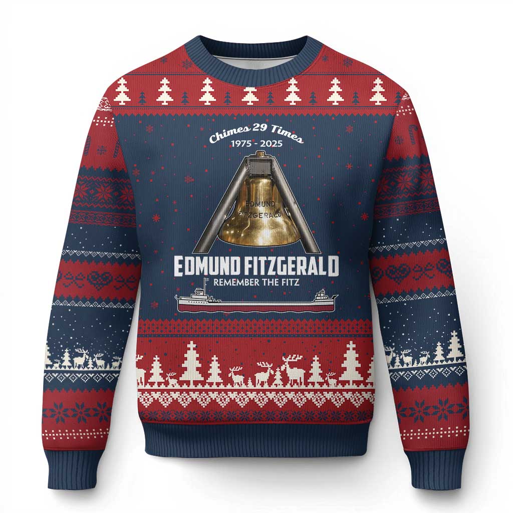 Edmund Fitzgerald 50th Anniversary Tribute Ugly Christmas Sweater Chimes 29 Times 1975 2025 Memorial - Wonder Print Shop