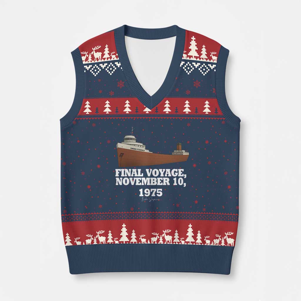 SS Edmund Fitzgerald Final Voyage Tribute V-Neck Knit Sweater Vest November 10 1975 Lake Superior Memorial - Wonder Print Shop
