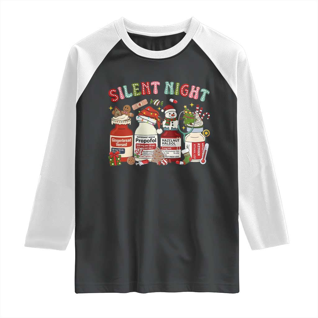 Funny Silent Night Nurse Christmas Raglan Shirt Festive Meds and Holiday Medical Humor - Wonder Print Shop