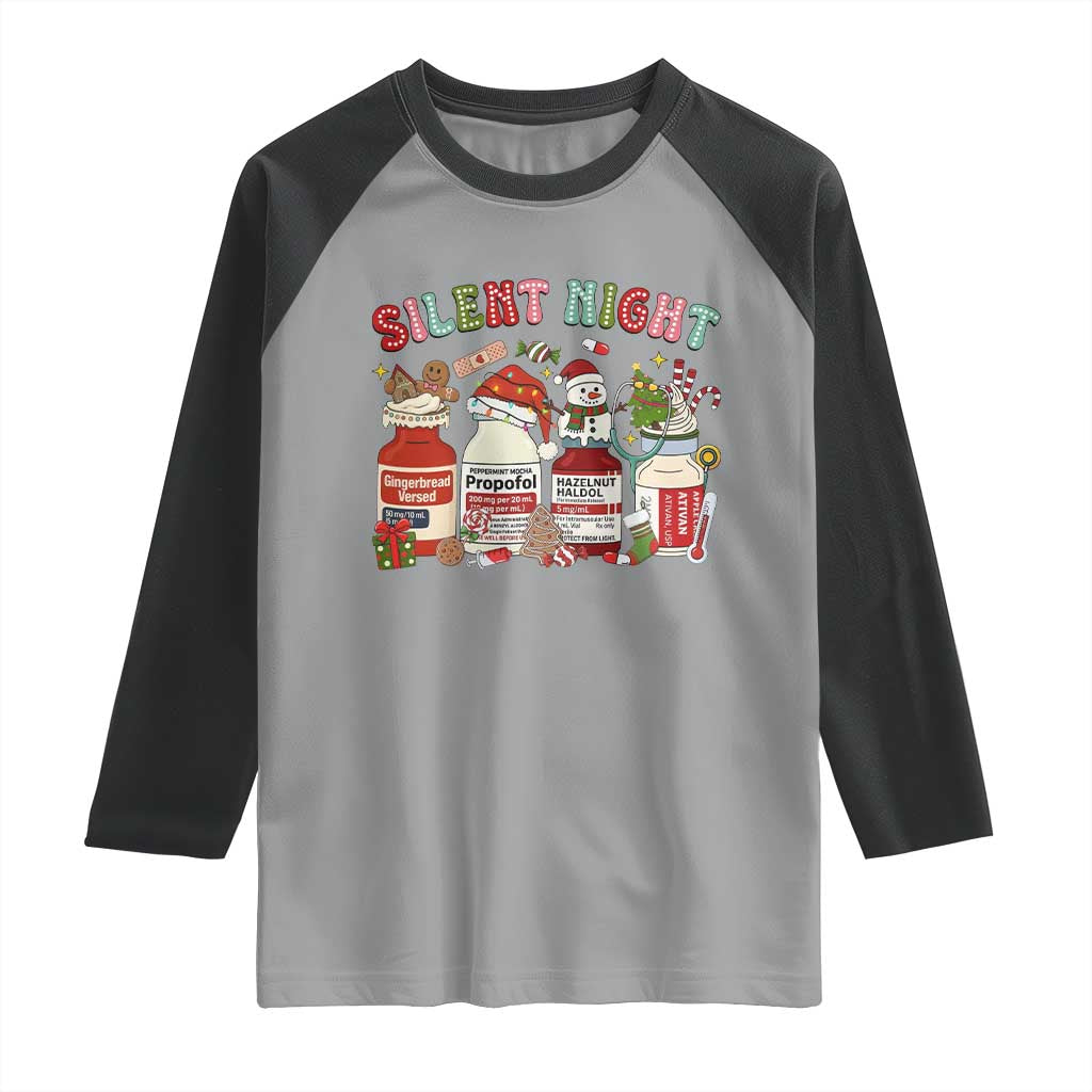 Funny Silent Night Nurse Christmas Raglan Shirt Festive Meds and Holiday Medical Humor - Wonder Print Shop