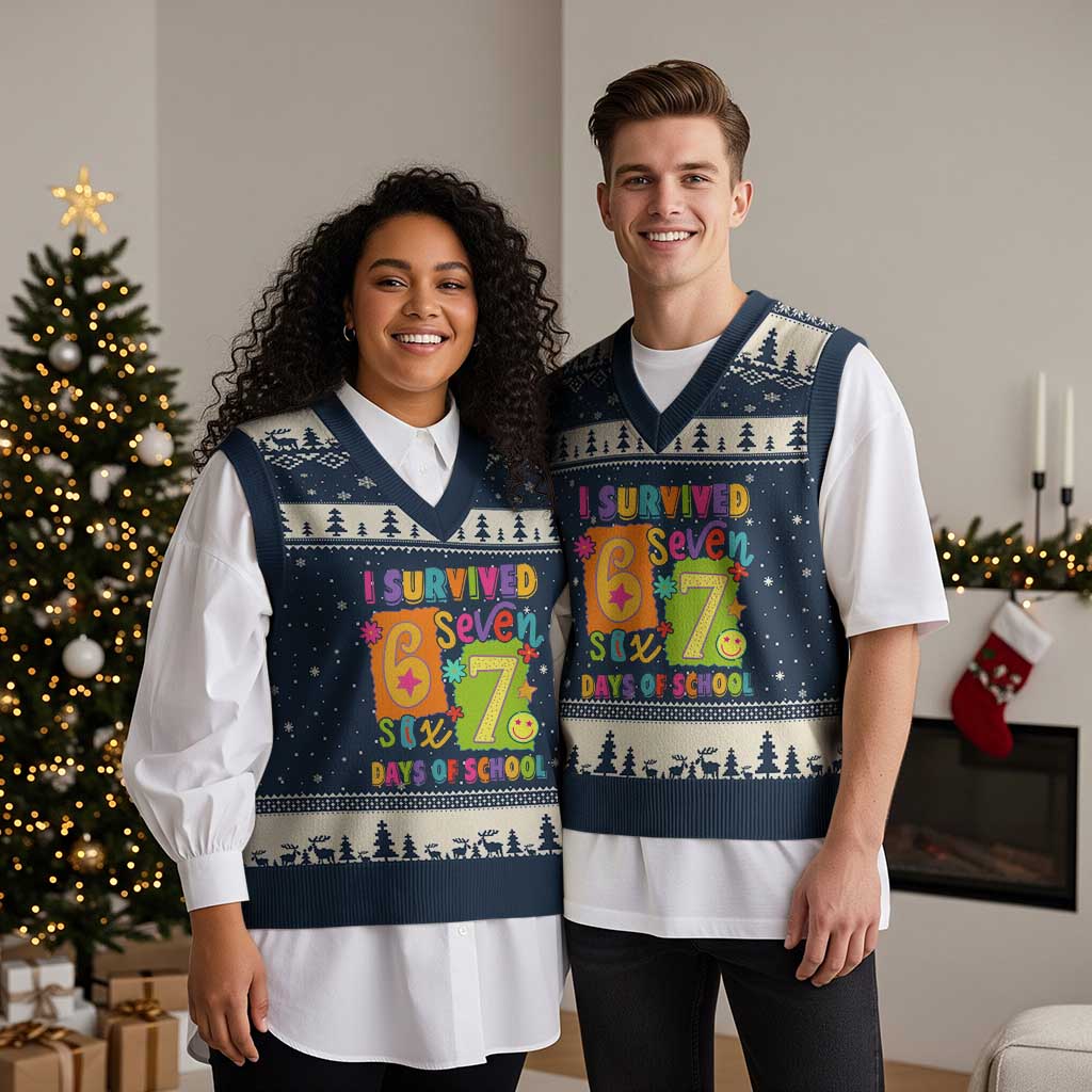 I Survived 67 Days of School V-Neck Knit Sweater Vest Funny 6 7 Six Seven Chaos Survivor for Students Teachers - Wonder Print Shop