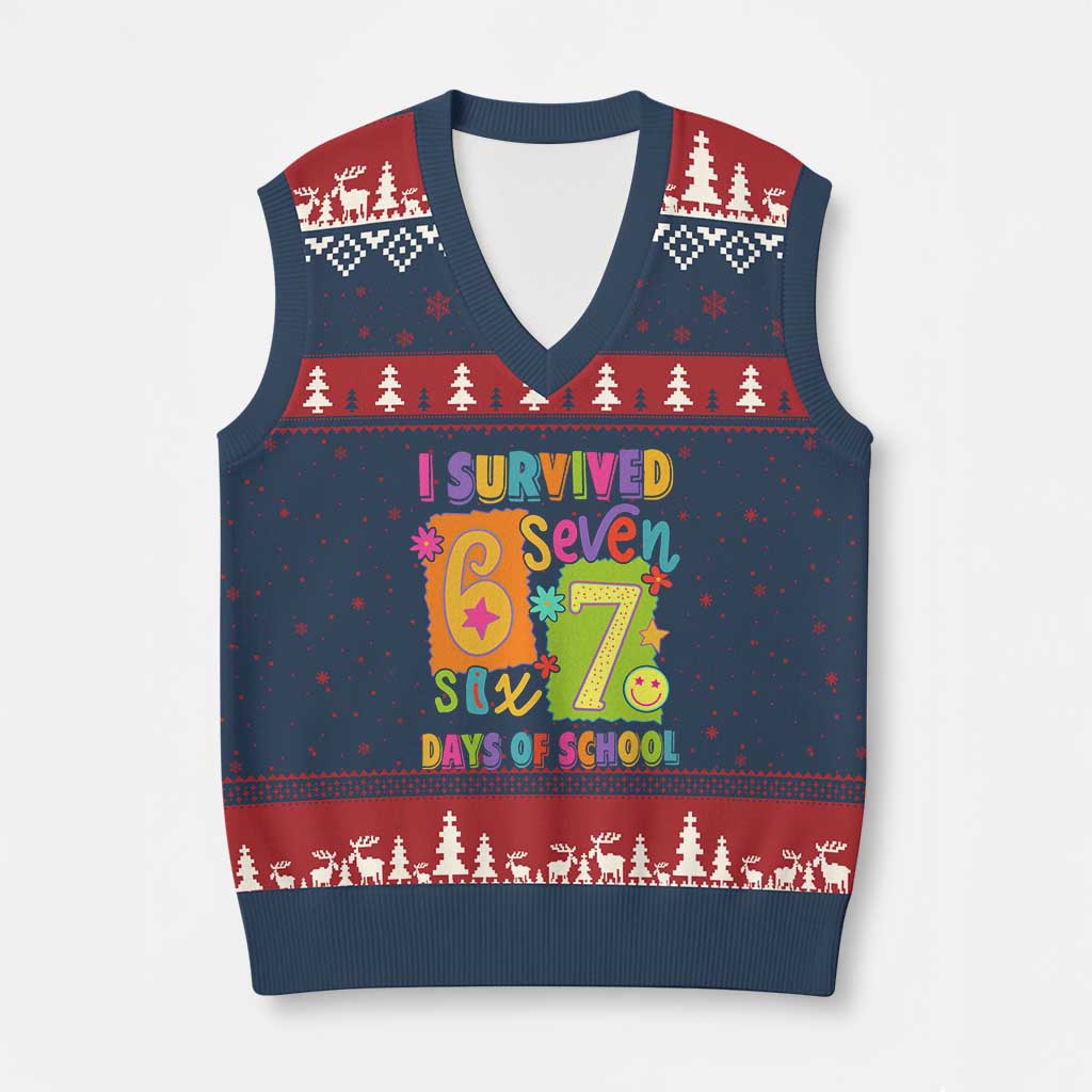I Survived 67 Days of School V-Neck Knit Sweater Vest Funny 6 7 Six Seven Chaos Survivor for Students Teachers - Wonder Print Shop