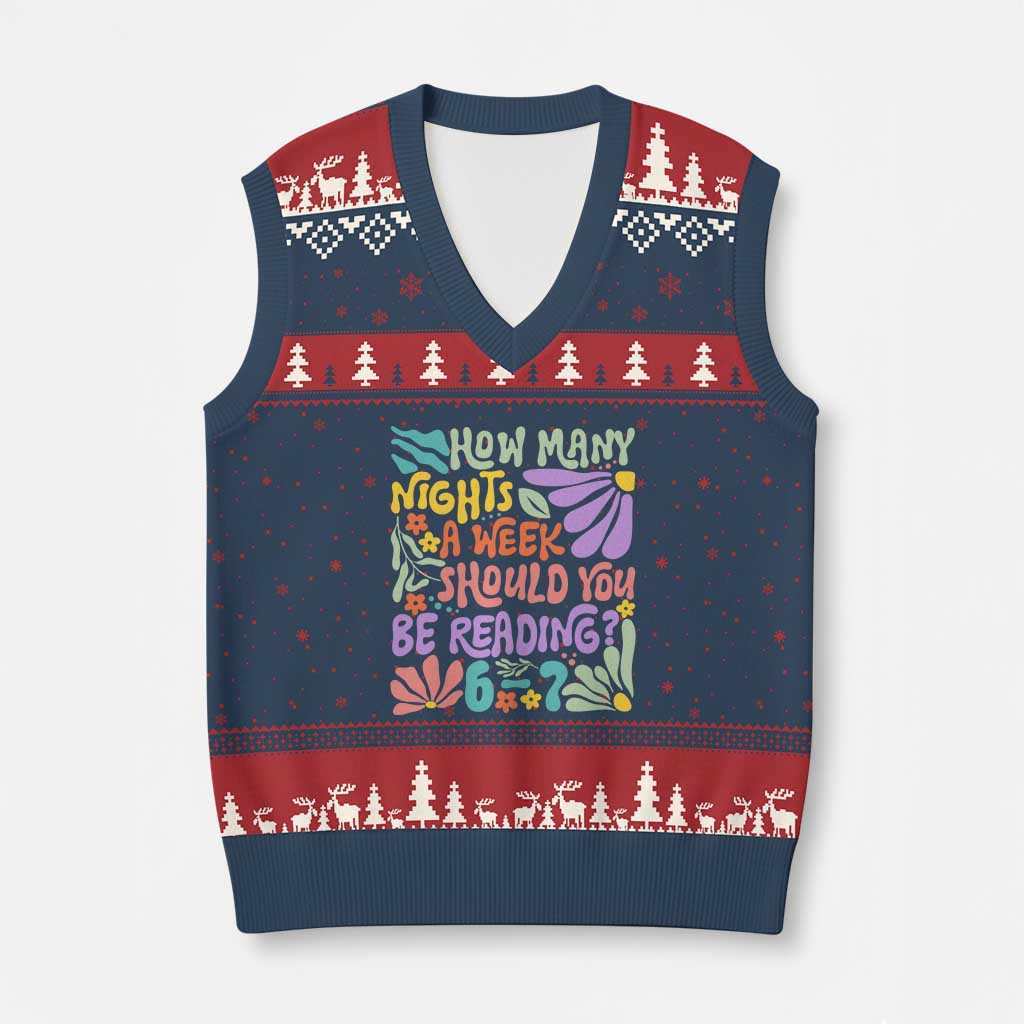 How Many Nights Should You Be Reading 6 7 V-Neck Knit Sweater Vest Retro Funny 67 Six Seven Meme Book Lover - Wonder Print Shop