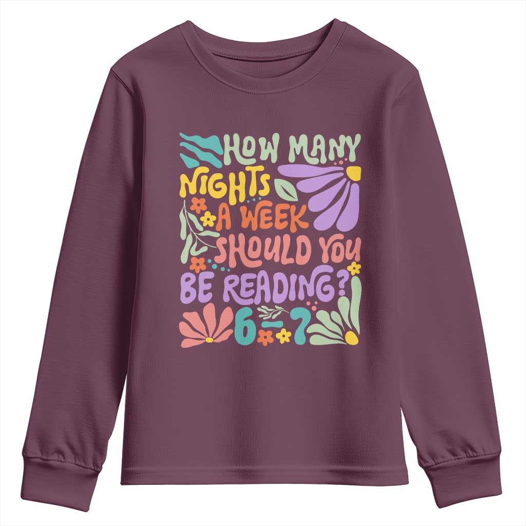 How Many Nights Should You Be Reading 6 7 Youth Sweatshirt Retro Funny 67 Six Seven Meme Book Lover - Wonder Print Shop