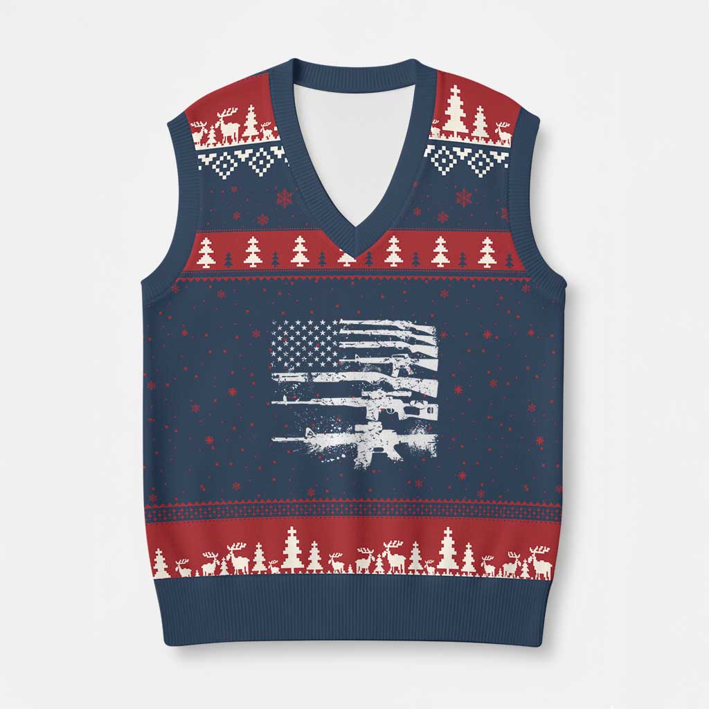 Machine Guns American Flag V-Neck Knit Sweater Vest For Gun Owner Lover 2A Retro Vintage - Wonder Print Shop