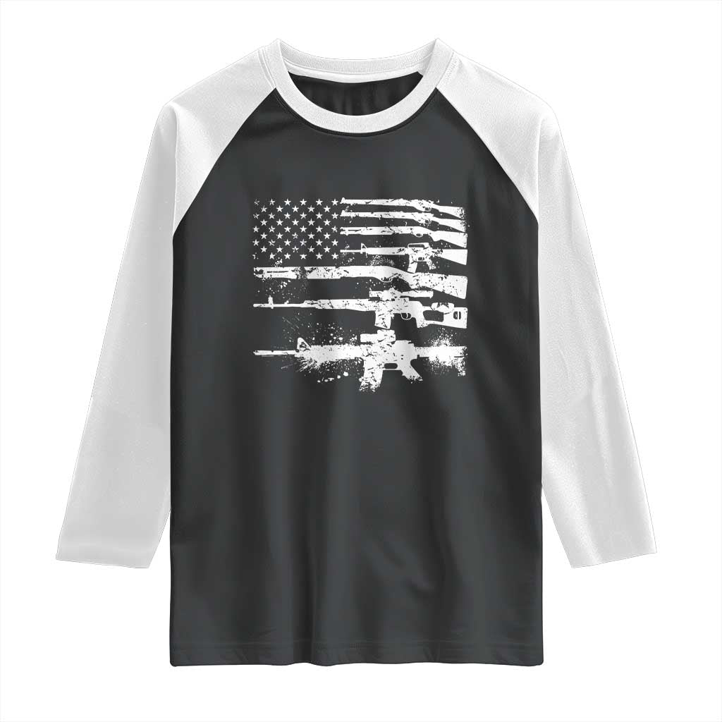 Machine Guns American Flag Raglan Shirt For Gun Owner Lover 2A Retro Vintage