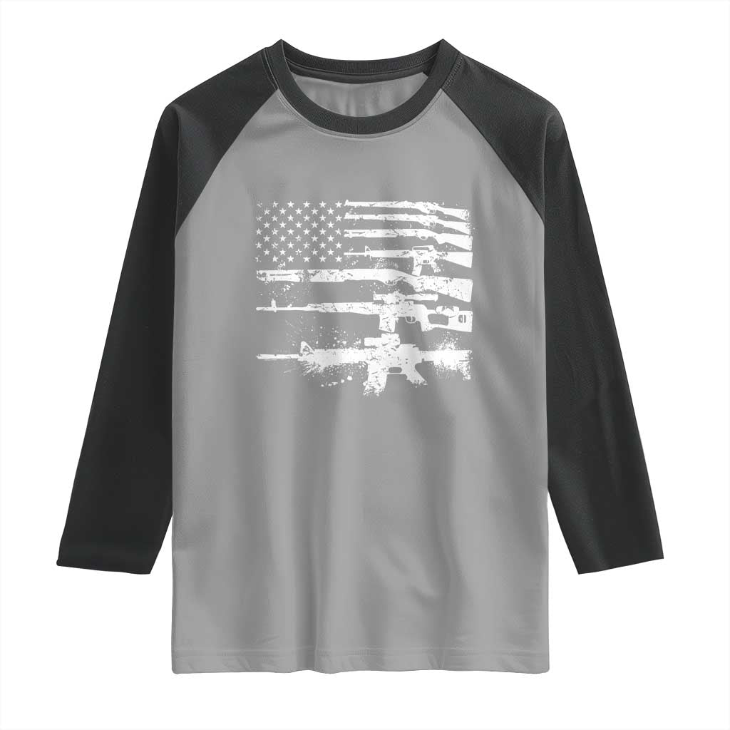 Machine Guns American Flag Raglan Shirt For Gun Owner Lover 2A Retro Vintage