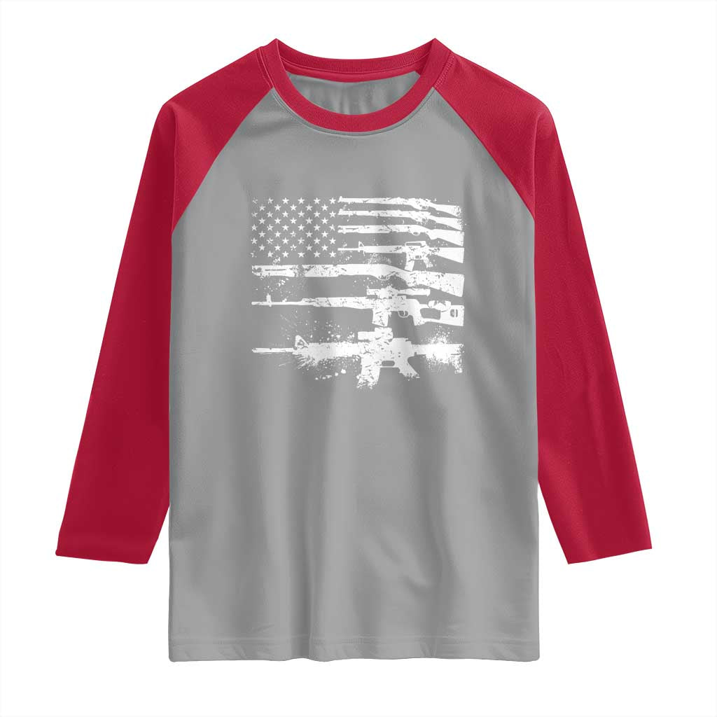 Machine Guns American Flag Raglan Shirt For Gun Owner Lover 2A Retro Vintage