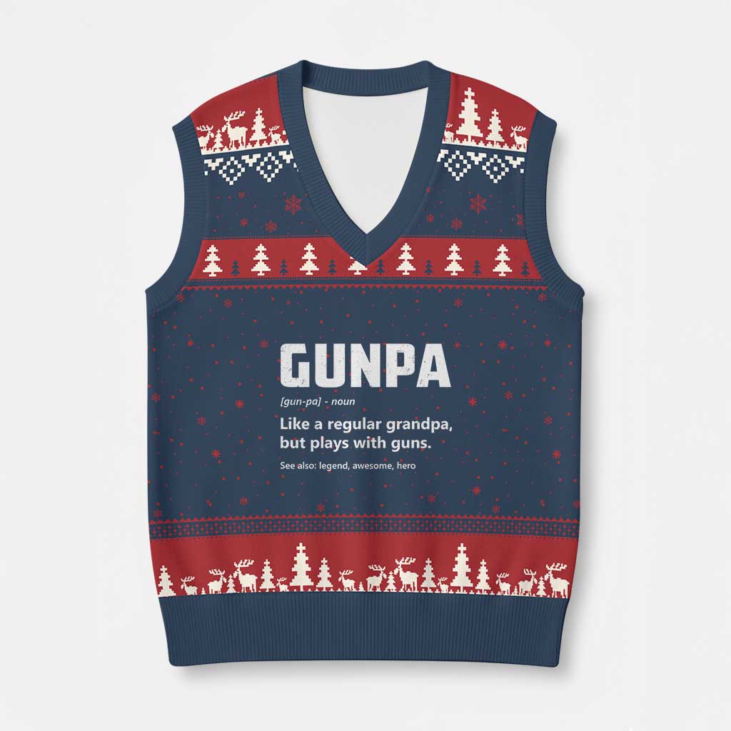 Cool Gun Grandpa Enthusiast V-Neck Knit Sweater Vest Funny Gunpa Definition Like A Regular Grandpa But Plays With Guns - Wonder Print Shop