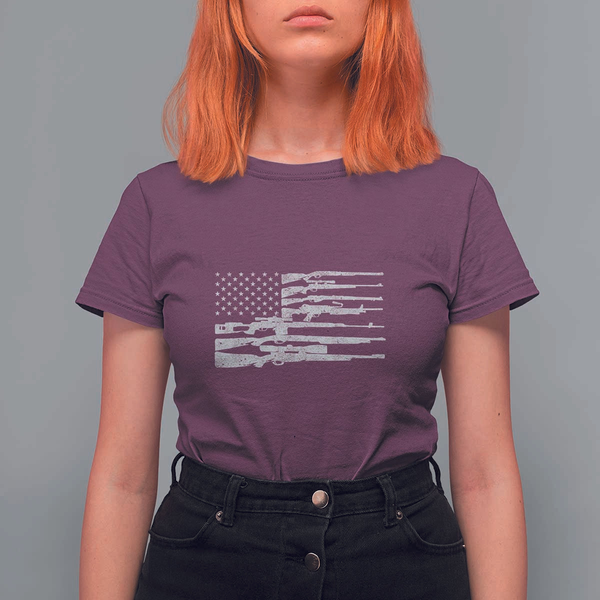 American Flag Rifle Firearm T Shirt For Women Machine Guns 2A - Wonder Print Shop