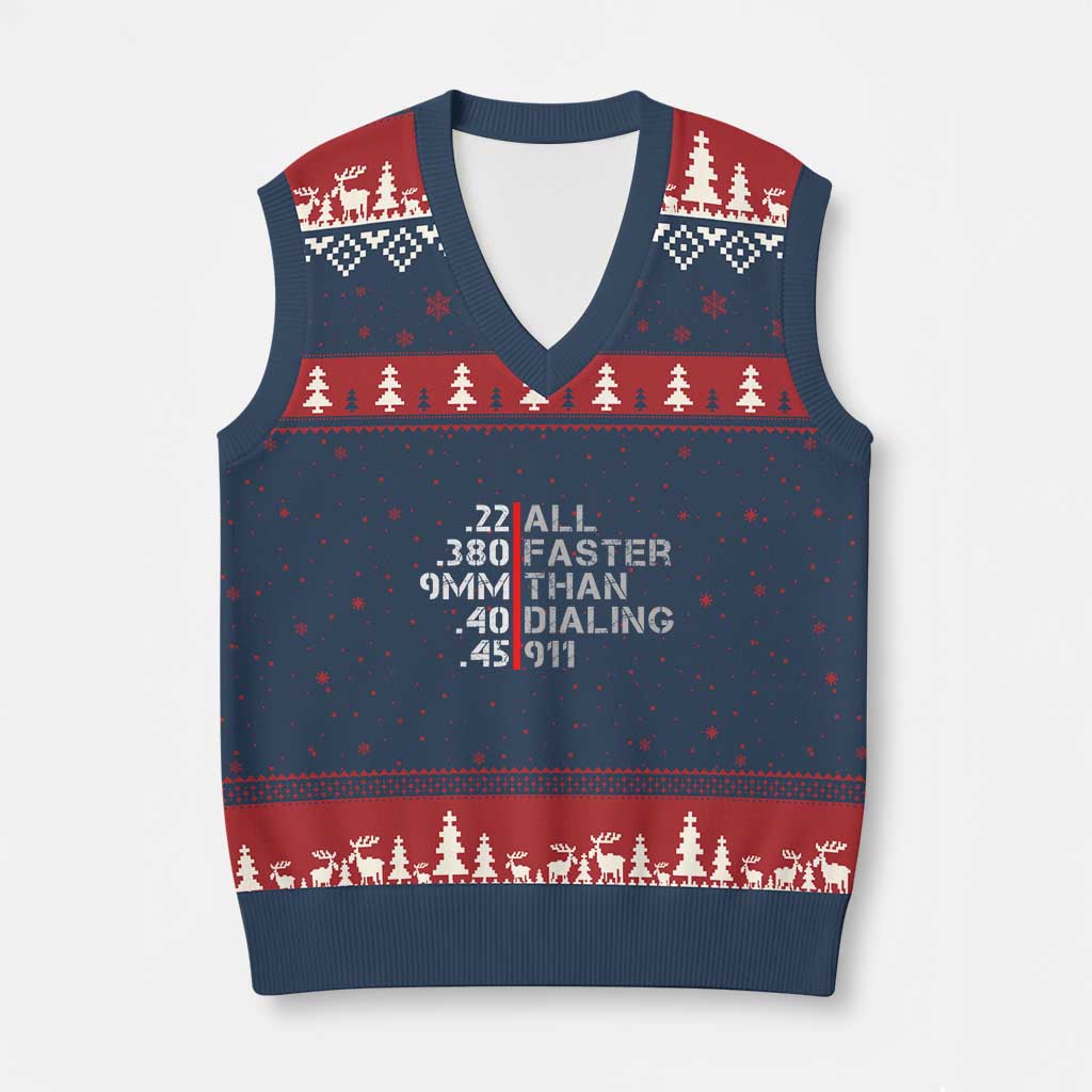 Funny Gun Owner V-Neck Knit Sweater Vest Faster Than Dialing 911 Bullet Diameter - Wonder Print Shop