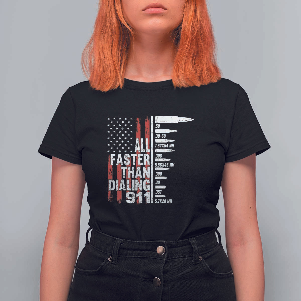 Funny Gun Lover T Shirt For Women All Faster Than Dialing 911 Bullets American Flag