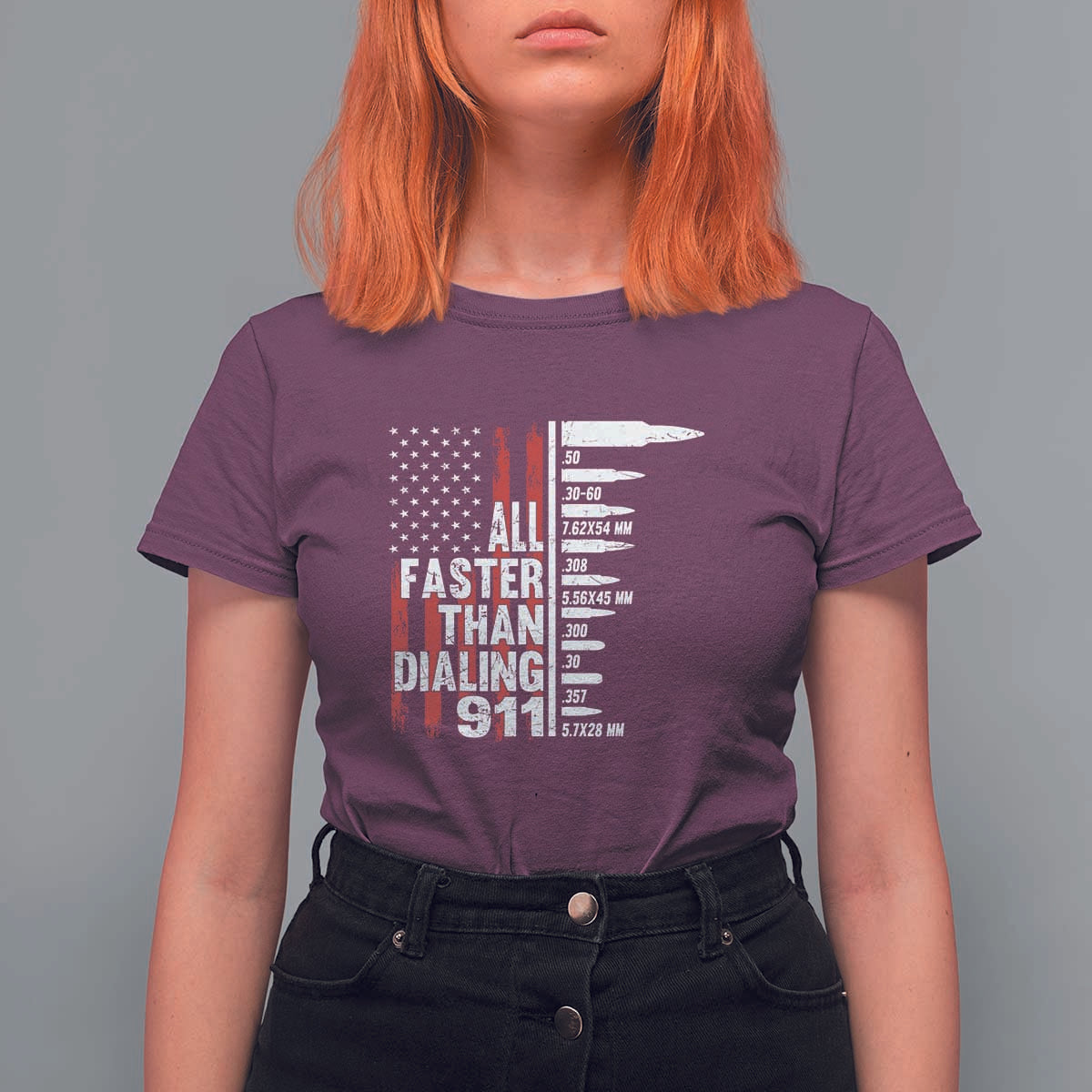 Funny Gun Lover T Shirt For Women All Faster Than Dialing 911 Bullets American Flag