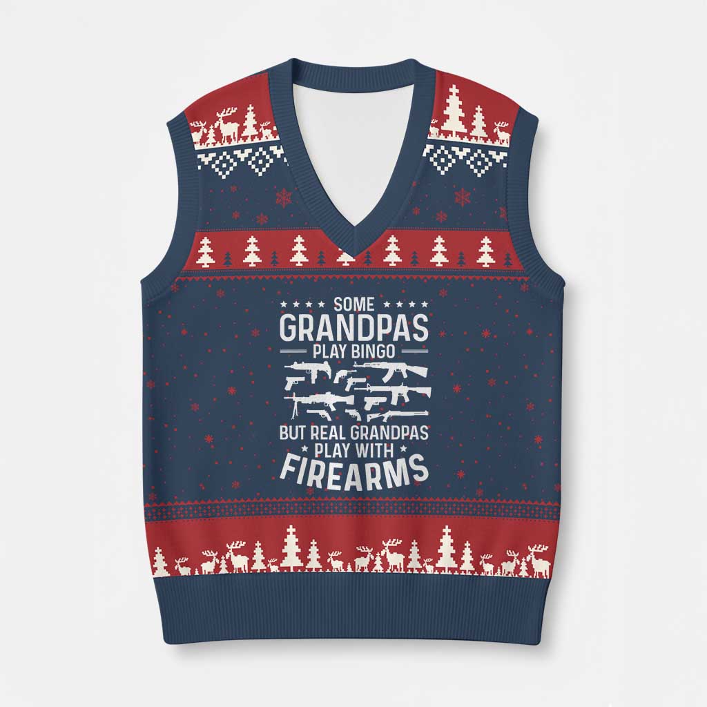 Funny Gun Grandpa V-Neck Knit Sweater Vest Real Grandpas Play With Firearms Guns Owner Lover - Wonder Print Shop