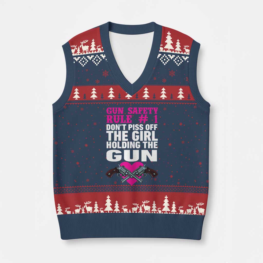 Funny Gun Girls V-Neck Knit Sweater Vest Gun Safety Rule Don't Piss Of The Girl Holding The Gun Owner - Wonder Print Shop