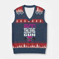 Funny Gun Girls V-Neck Knit Sweater Vest Gun Safety Rule Don't Piss Of The Girl Holding The Gun Owner - Wonder Print Shop