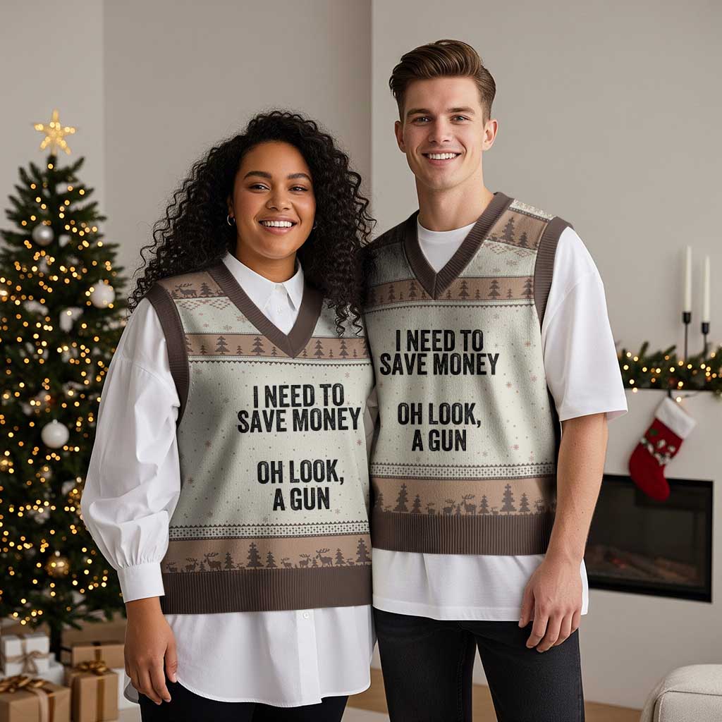 Funny Gun Collector V-Neck Knit Sweater Vest I Need To Save Money Oh Look A Gun - Wonder Print Shop
