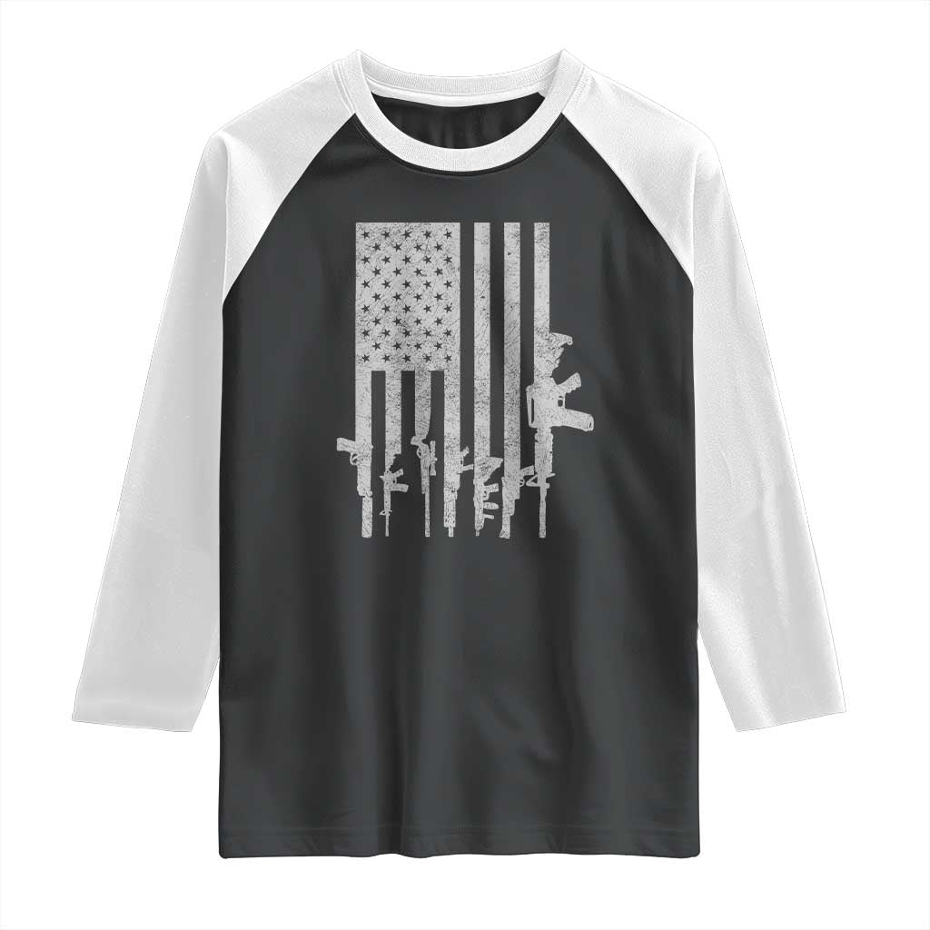 American Flag Rifle Guns Raglan Shirt Cool Pro Gun Retro Distressed