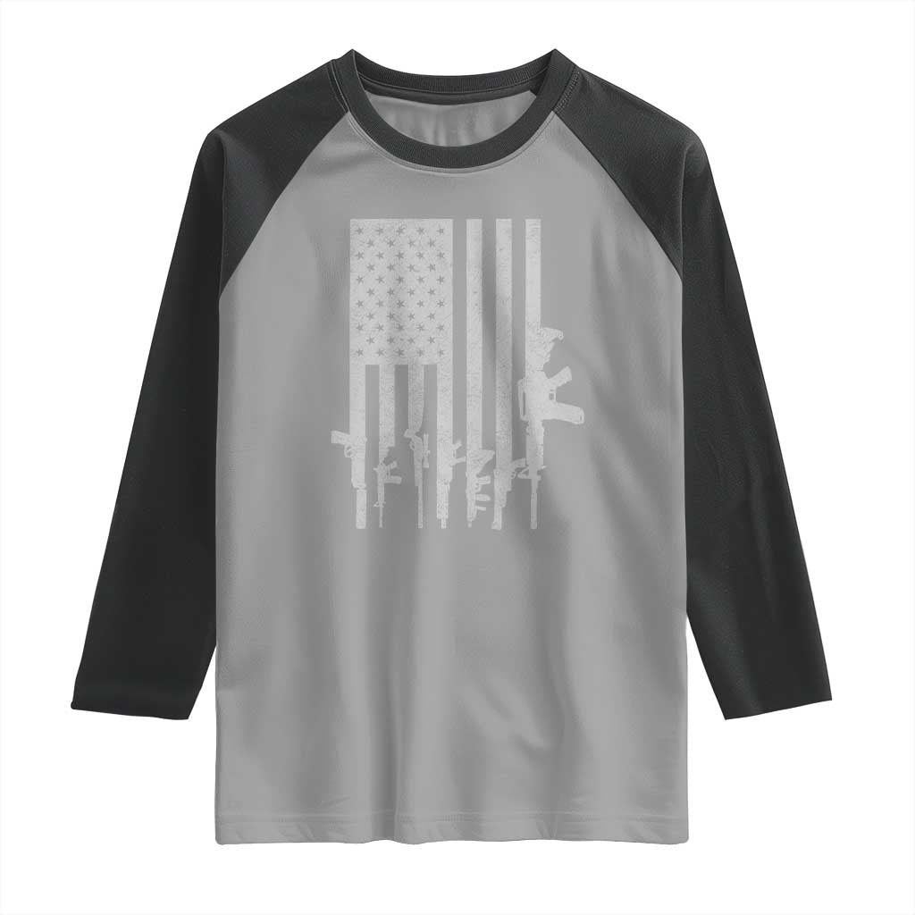 American Flag Rifle Guns Raglan Shirt Cool Pro Gun Retro Distressed