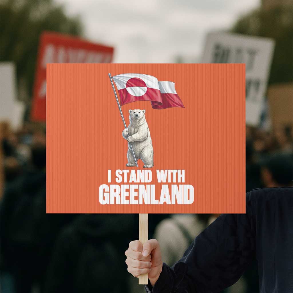 I Stand With Greenland Protest Sign Cute Polar Bear Holding Flag Political Support
