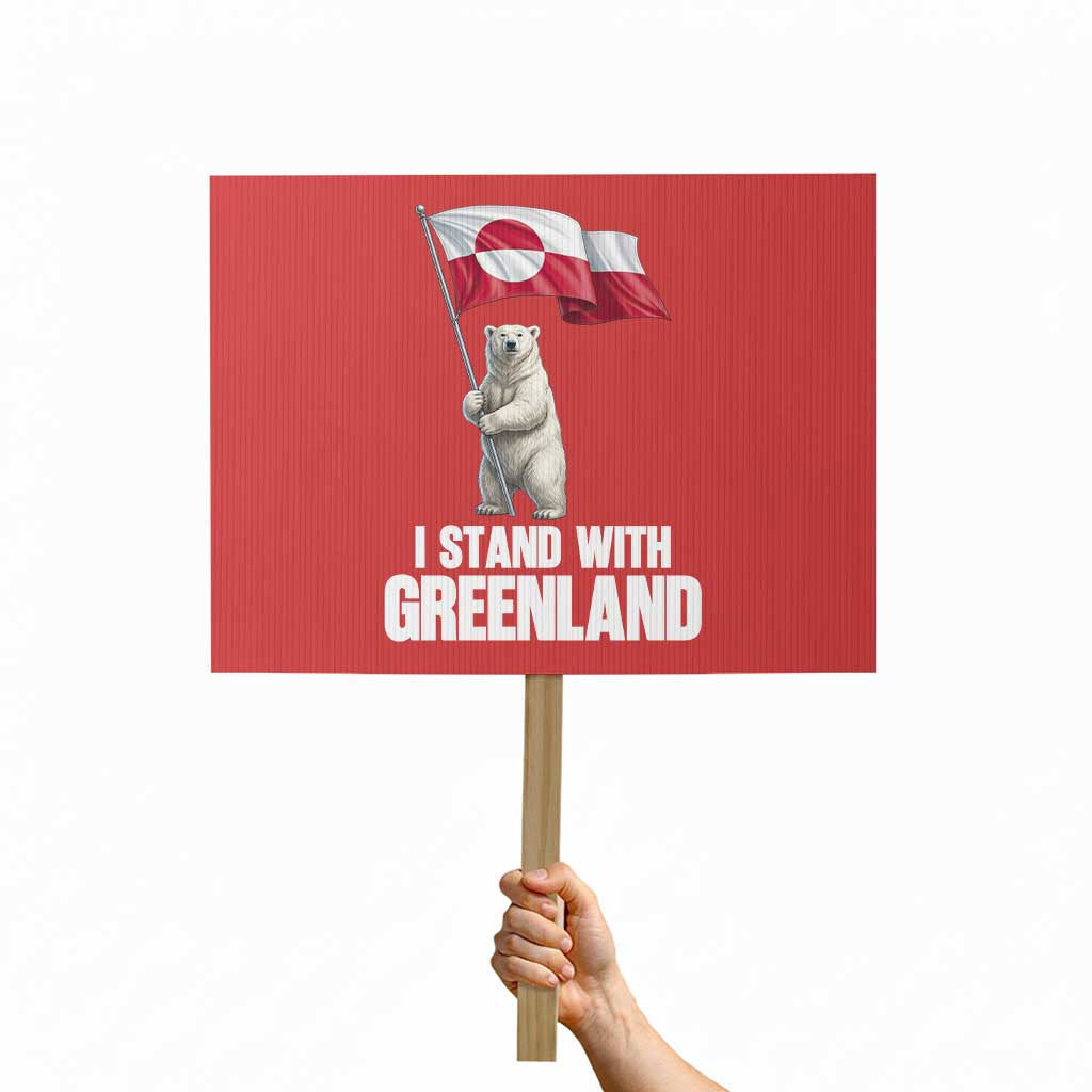 I Stand With Greenland Protest Sign Cute Polar Bear Holding Flag Political Support