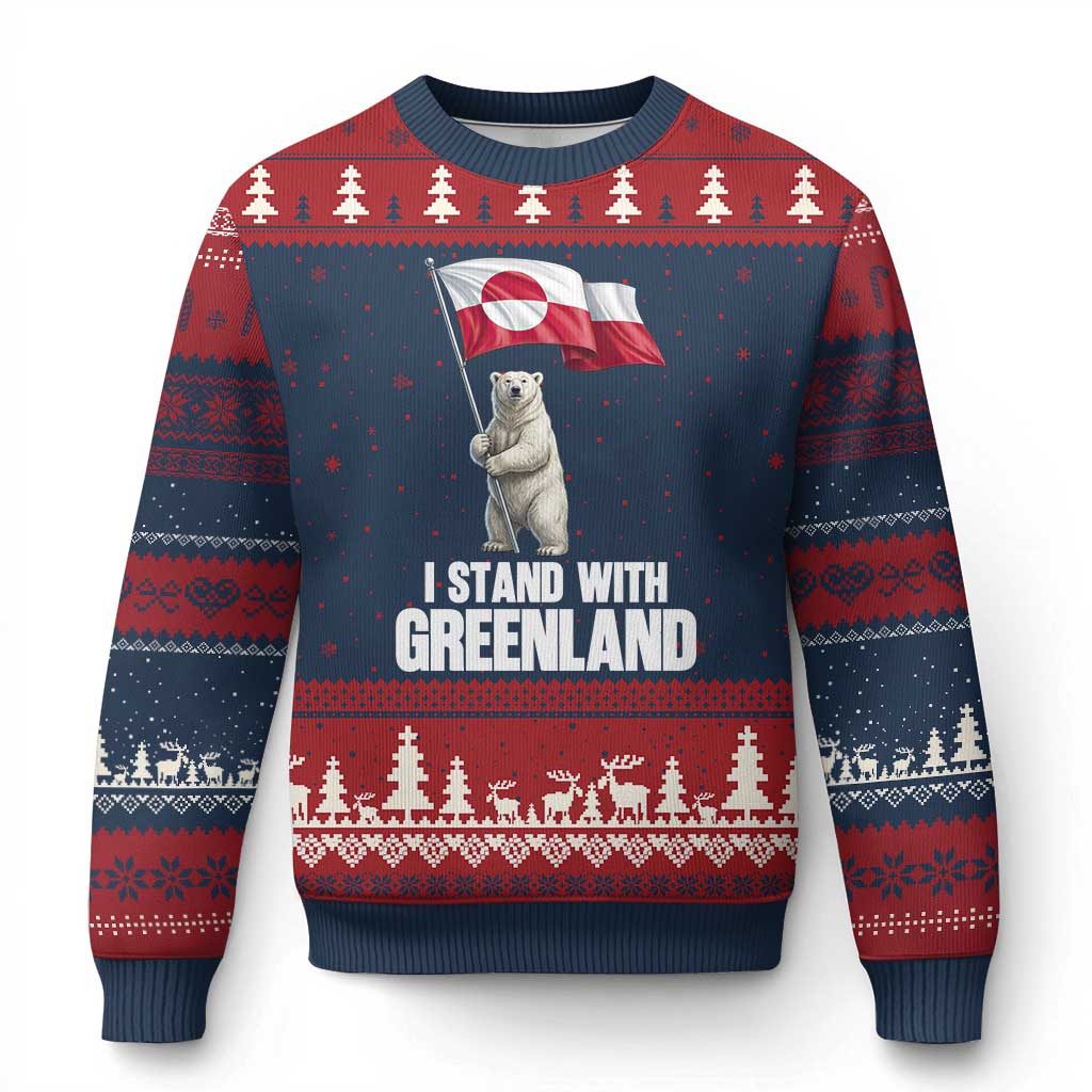 I Stand With Greenland Ugly Christmas Sweater Cute Polar Bear Holding Flag Political Support