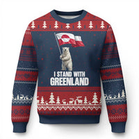 I Stand With Greenland Ugly Christmas Sweater Cute Polar Bear Holding Flag Political Support