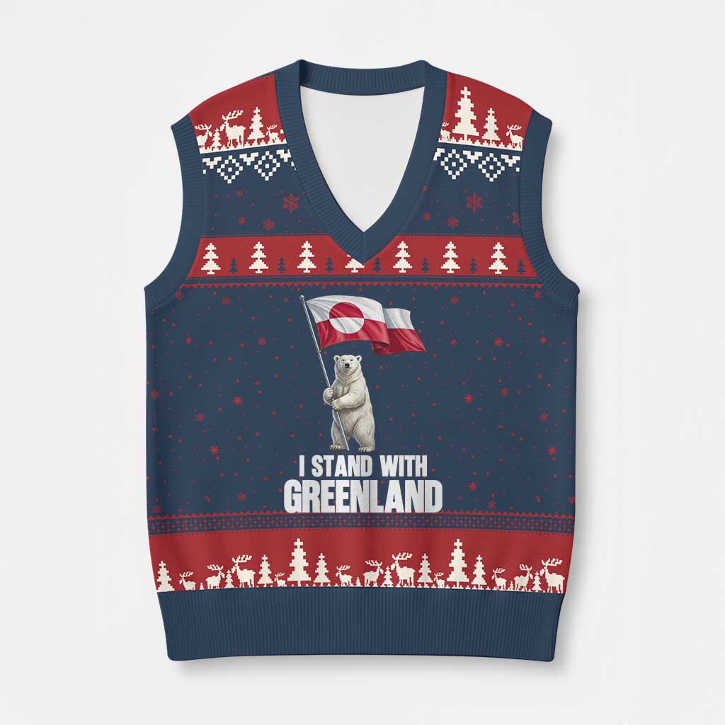 I Stand With Greenland V-Neck Knit Sweater Vest Cute Polar Bear Holding Flag Political Support