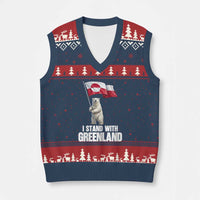 I Stand With Greenland V-Neck Knit Sweater Vest Cute Polar Bear Holding Flag Political Support